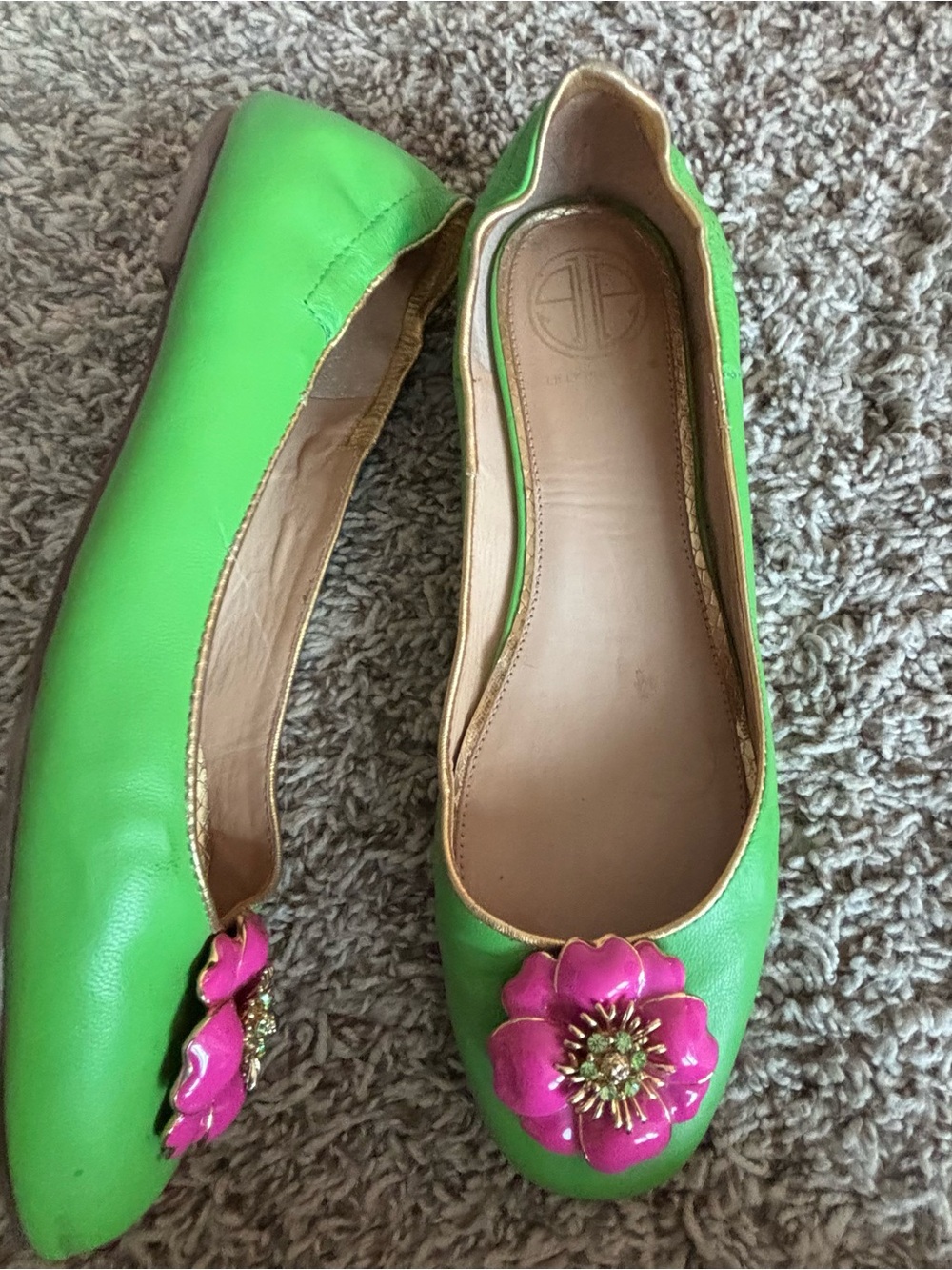 Lilly Pulitzer Green Ballet Flats with Pink Floral Jewel